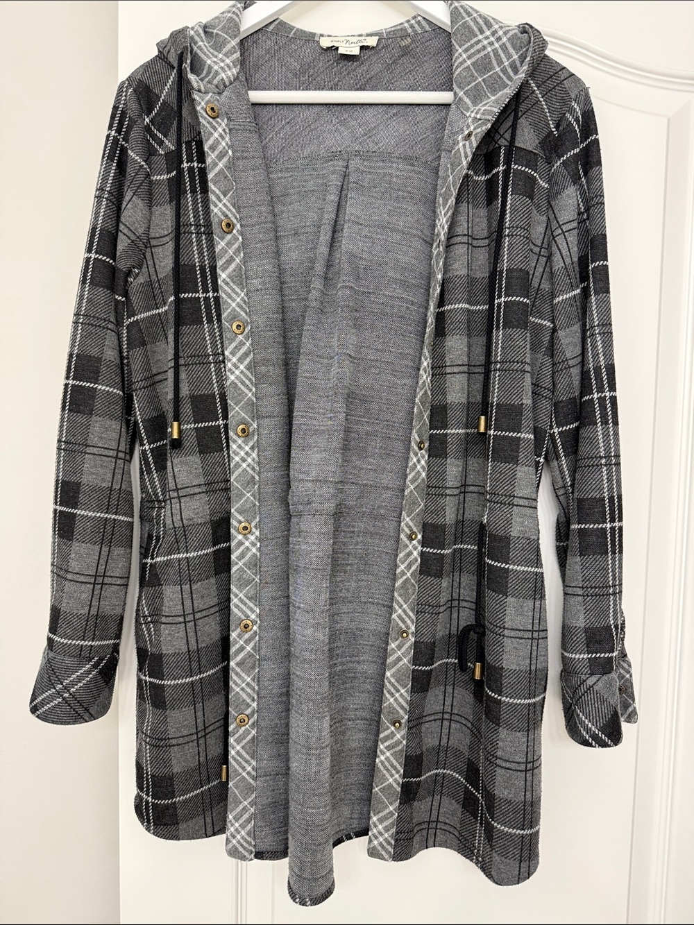 Simply Noelle Gray Plaid Hooded Open Front Coatigan
